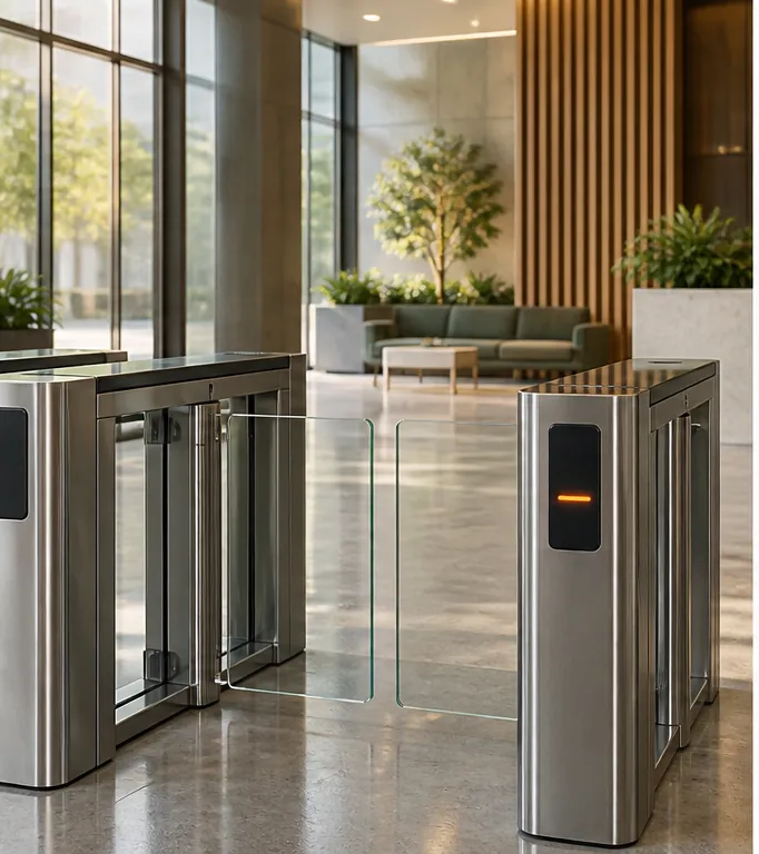 Commercial lobby turnstiles with integrated access readers