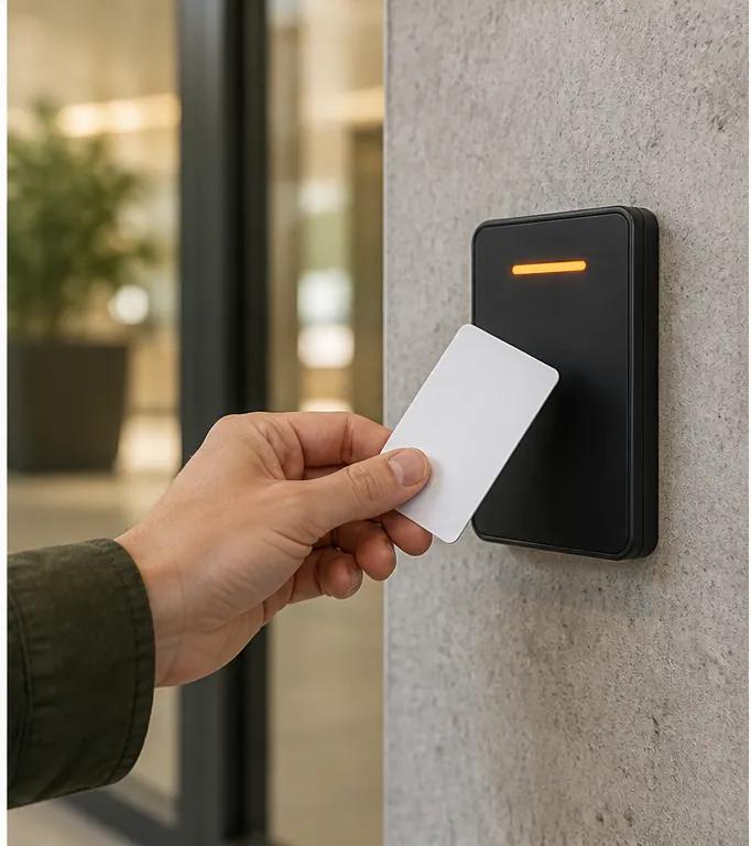Hand presenting an unbranded credential to a wall-mounted access reader