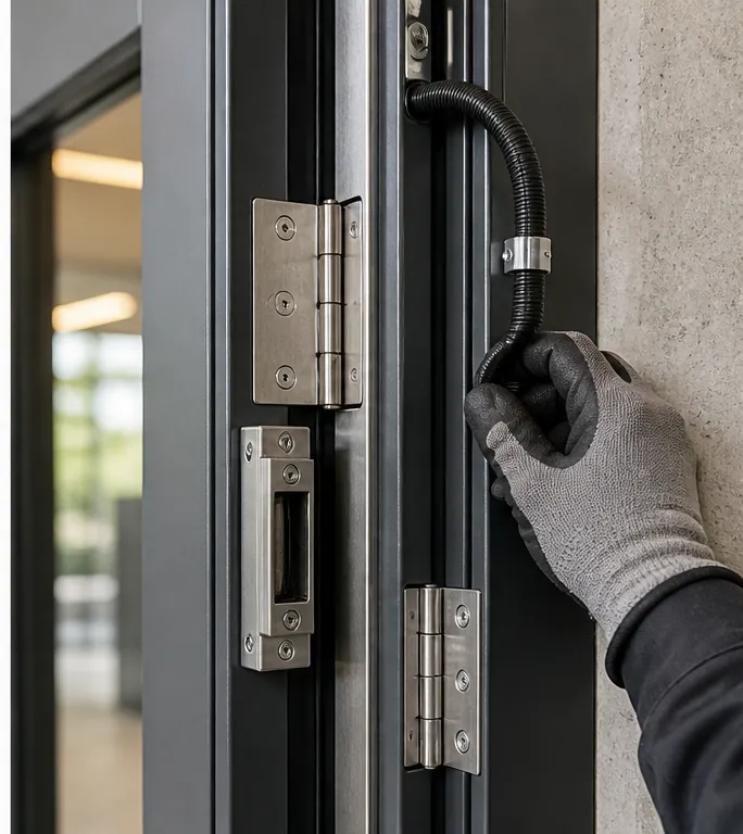 Gloved technician inspecting secure door hardware and a protected cable loop
