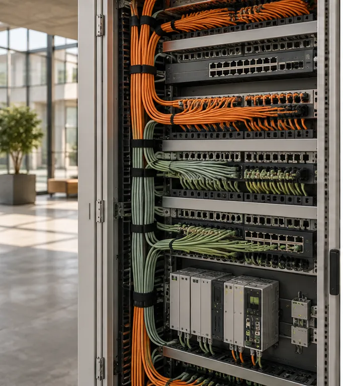 Segmented building network cabinet with neatly organized orange and sage cables