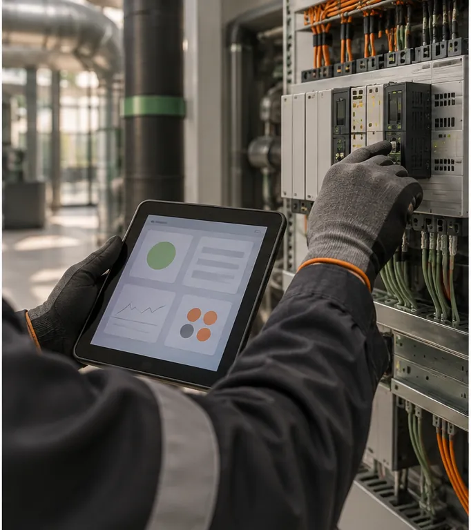 Gloved technician checking an industrial controller with a tablet
