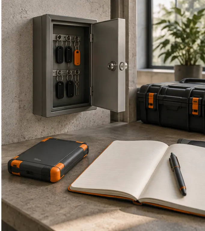 Locked key cabinet beside an offline drive and blank incident notebook