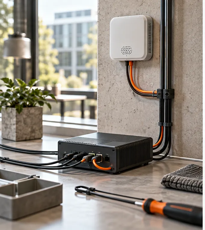 Building sensor and gateway connected by orderly cables on an operations bench
