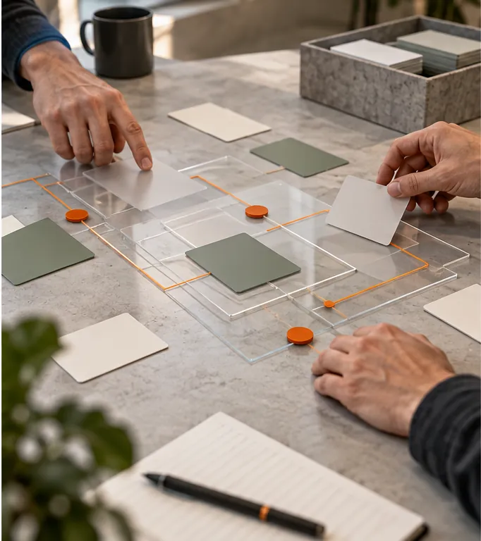 Hands mapping data ownership with blank cards and transparent connecting layers