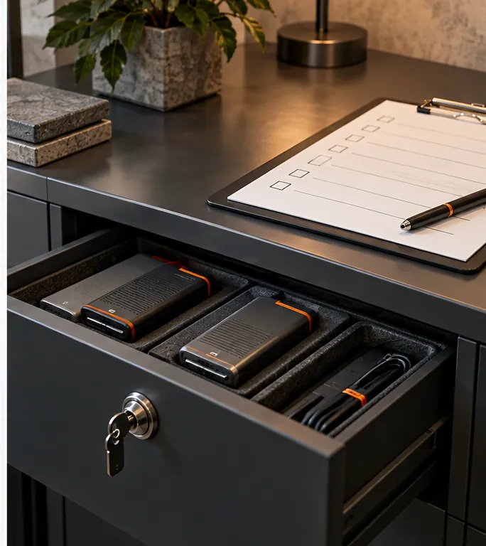 Secure drawer with unbranded data drives beneath a blank retention checklist