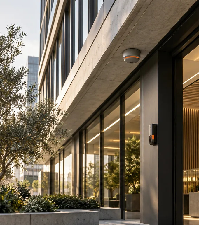 Sensor mounted beneath the concrete canopy of a contemporary commercial property