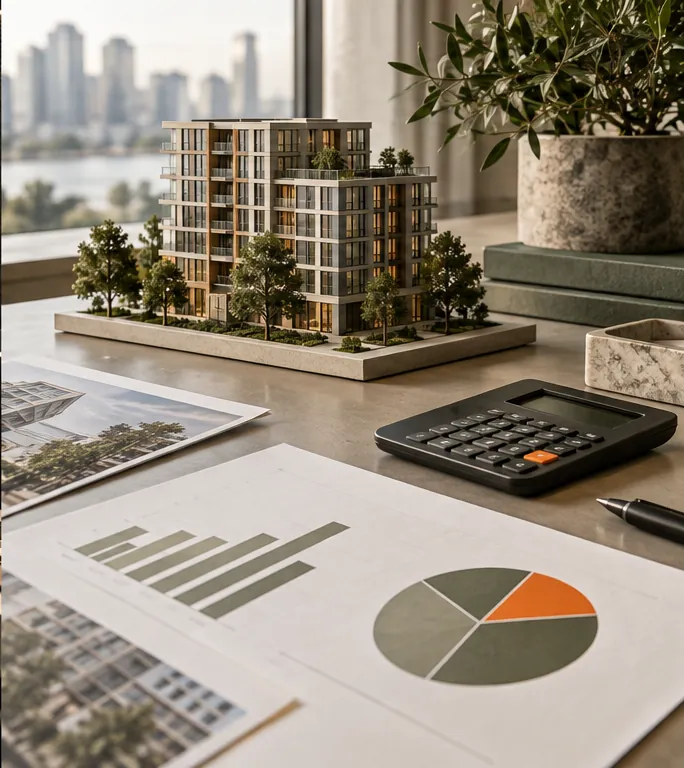 Property model beside a calculator and capital-planning charts