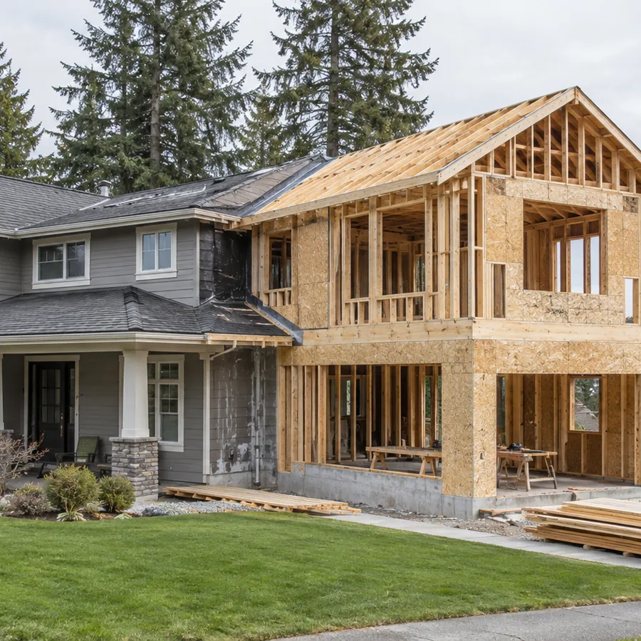 Two-story addition framed beside an existing Pacific Northwest home
