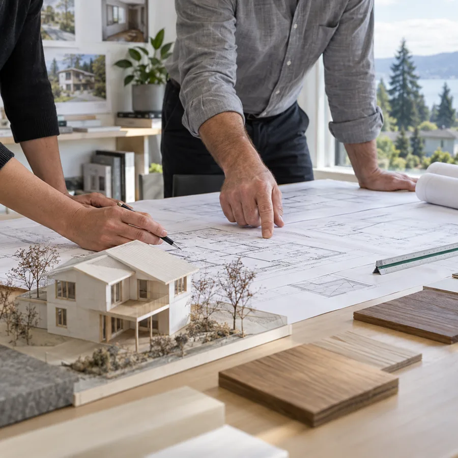 Architect and engineer reviewing home addition plans and a physical model