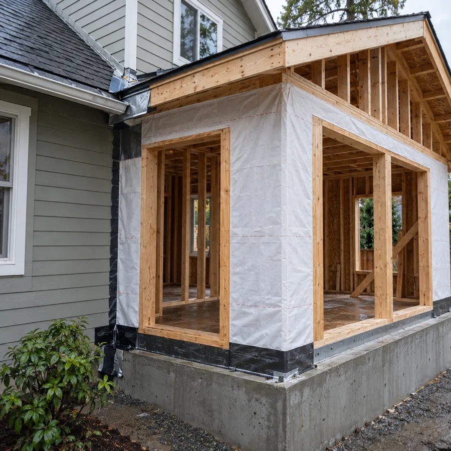 New residential addition framing and weather barrier tied into an existing house