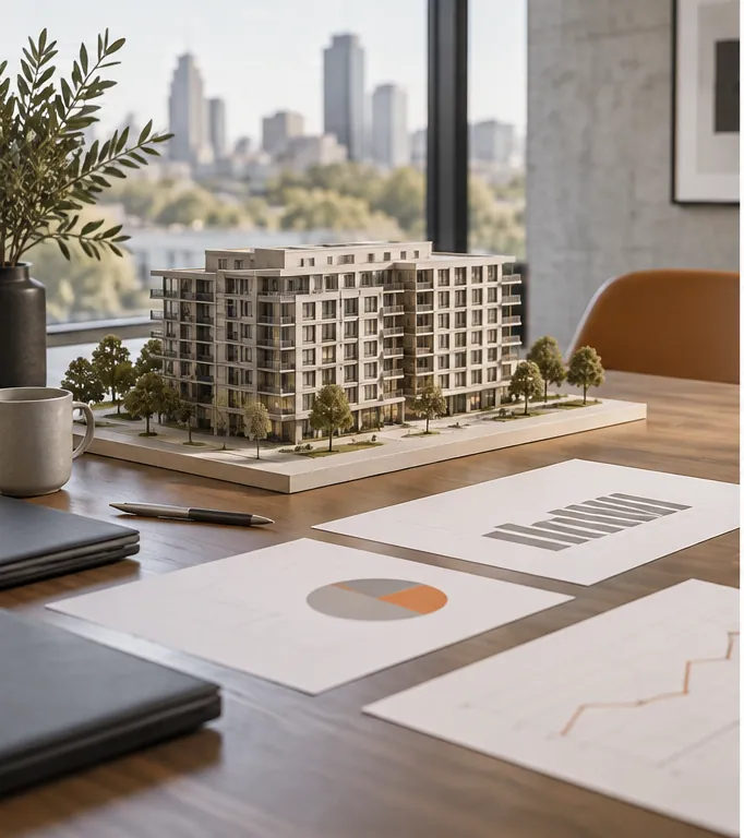 Property model and neutral investment charts on a worktable