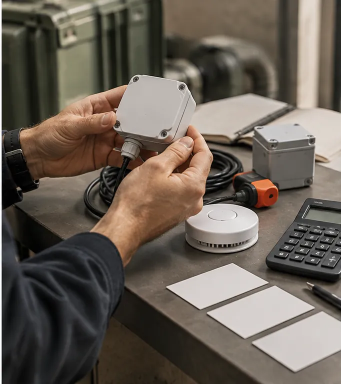 Hands examining building sensors beside a calculator and blank assumption cards