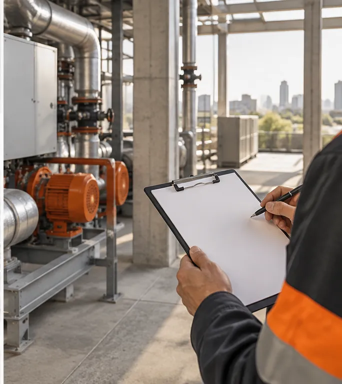 Operator with a blank clipboard beside commercial building equipment