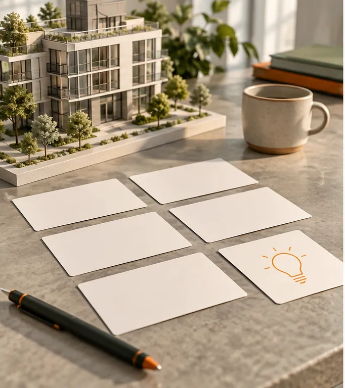 Building model beside blank hypothesis cards on a stone worktable