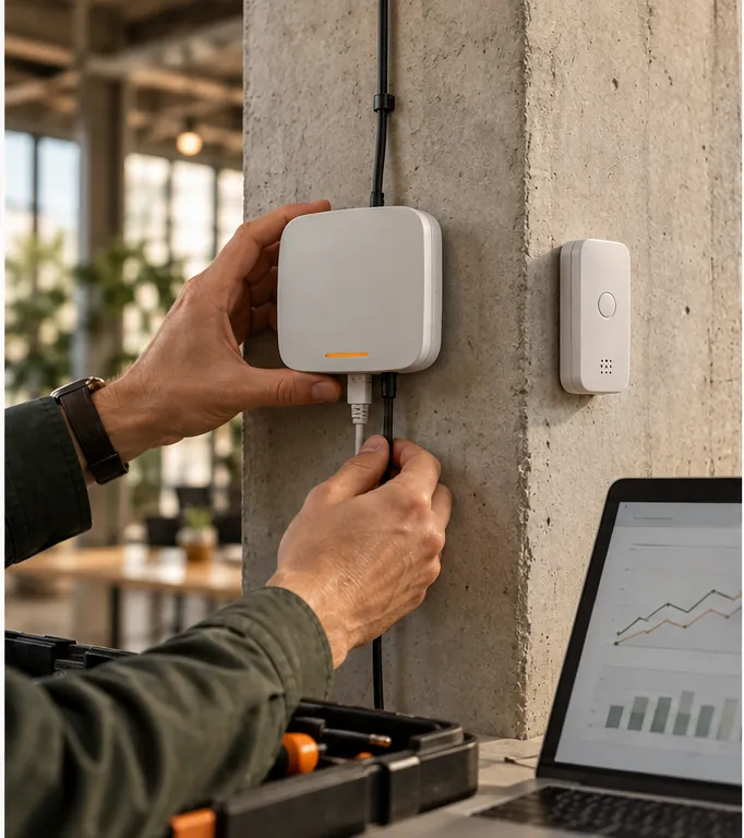 Hands installing and testing an unbranded building sensor