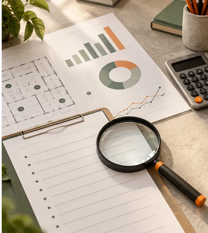 Magnifying glass over operational evidence beside charts and a calculator