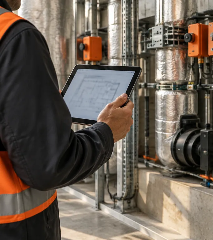 Property operator reviewing building equipment with a tablet