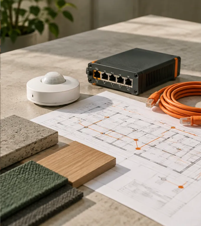 Building sensor, network gateway, cable, and floor plan on an integration workbench