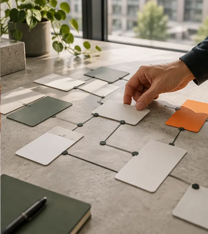 Hand arranging blank workflow cards connected across a review table