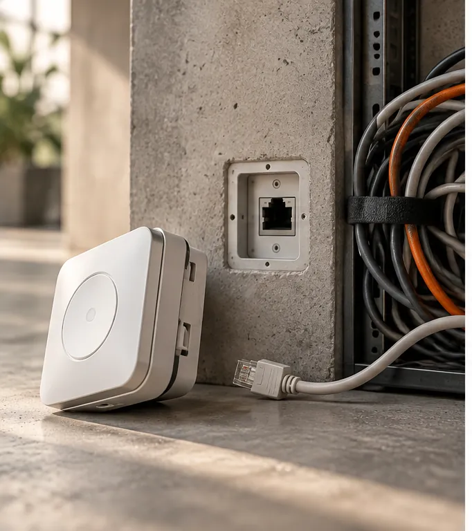 Disconnected building device beside an empty network port and coiled cables
