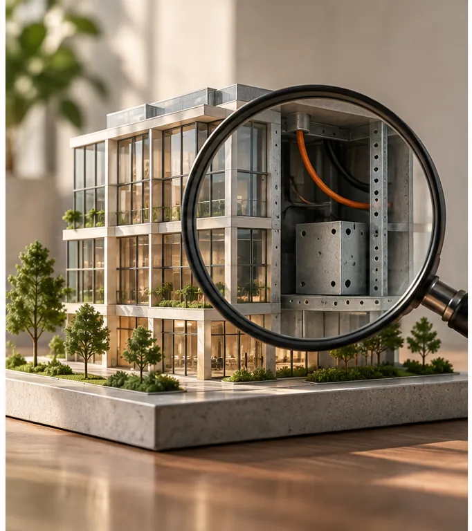 Magnifying glass revealing unfinished infrastructure behind a polished building model