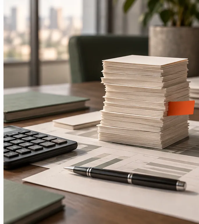 Tall stack of blank assumption cards beside a calculator and orange marker