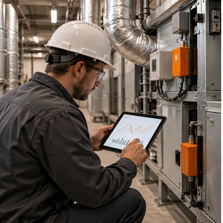 Technician taking a baseline measurement beside connected building equipment
