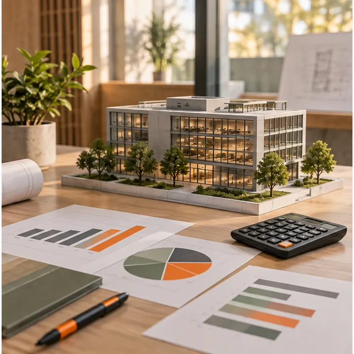 Smart-building model, calculator, and neutral charts on an analysis desk