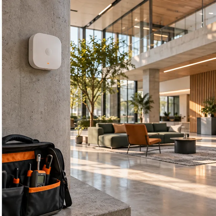 Installed wall sensor in a calm commercial lobby beside a technician tool bag