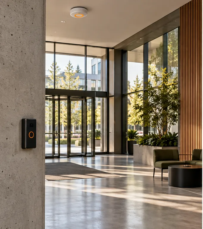 Contemporary building lobby with access reader and ceiling sensor