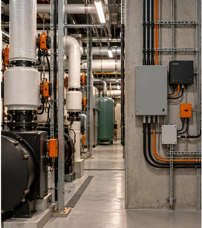 Mechanical plant room with connected controls and network gateway