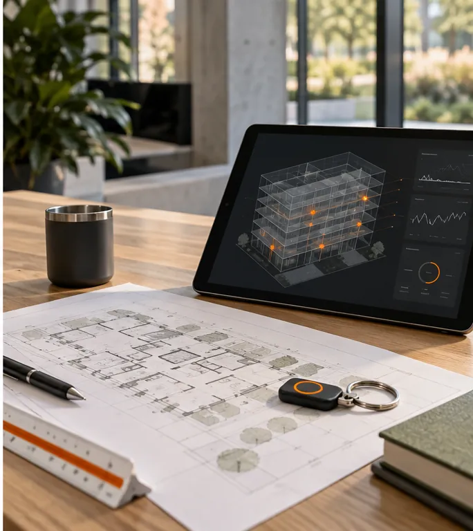 Building operations tablet, floor plan, and secure credential on a desk