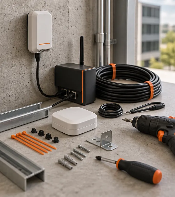 Building sensor, gateway, cable, and tools arranged for a controlled installation