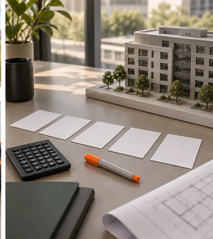 Five blank evidence cards beside a property model and calculator