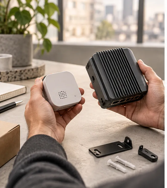 Hands comparing an unbranded building sensor and network gateway