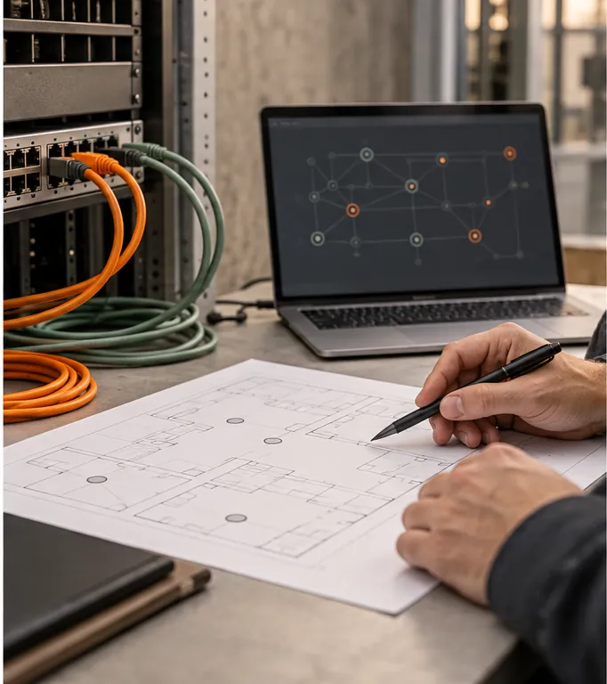 Integration review with network cables, laptop, and building-system diagram