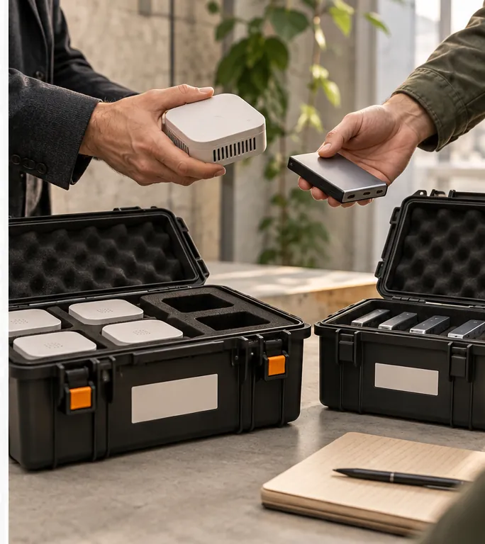 Building devices being transferred between protective equipment cases