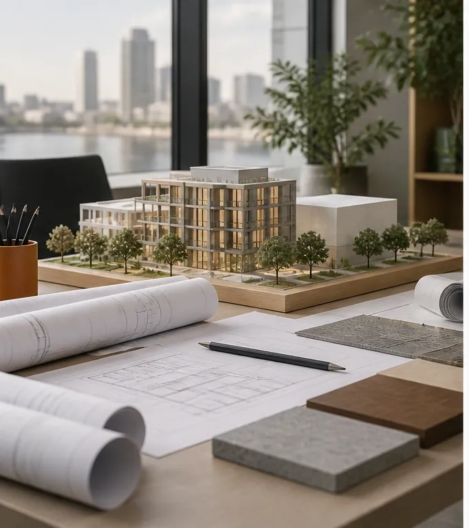 Architectural model, rolled plans, and material samples on a design table
