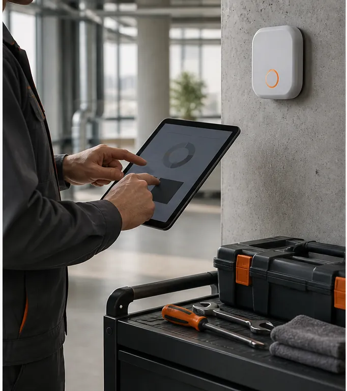 Building operator using a tablet beside a wall sensor and maintenance tools